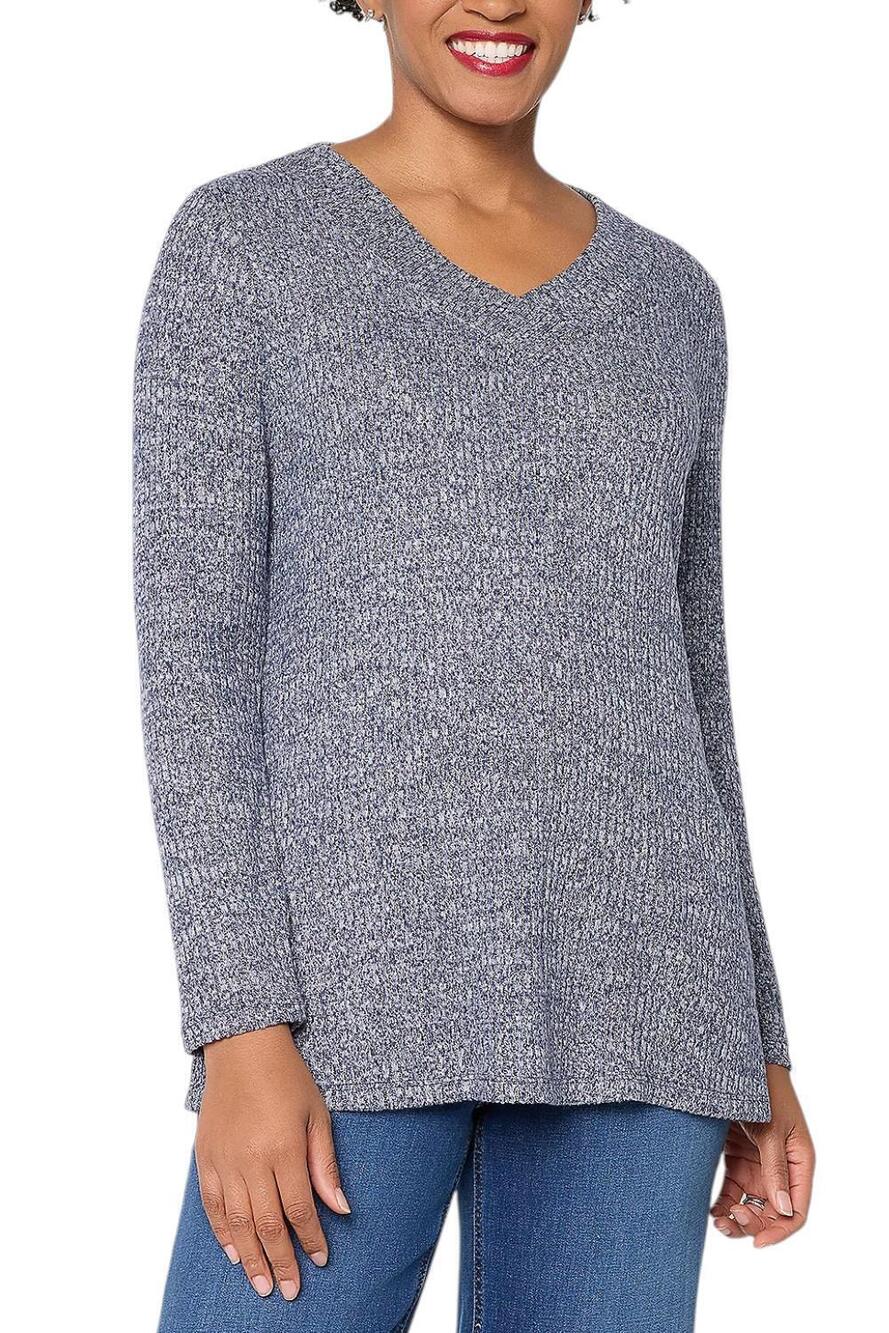 Denim & Co. Women's Ribbed Long Sleeve V-Neck Tunic Navy - Plus